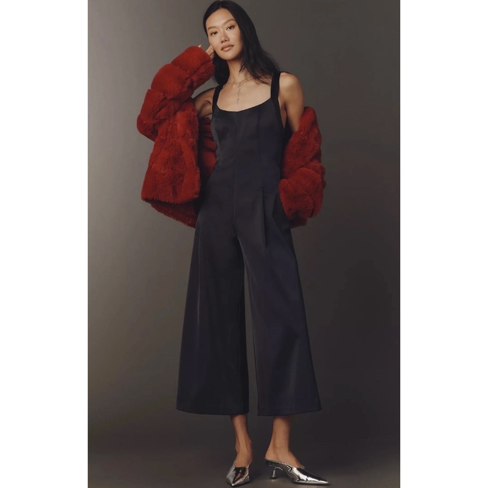 By Anthropologie NWT Satin Jumpsuit 2 Chic Black Velvet Trim Open Back Wide Leg